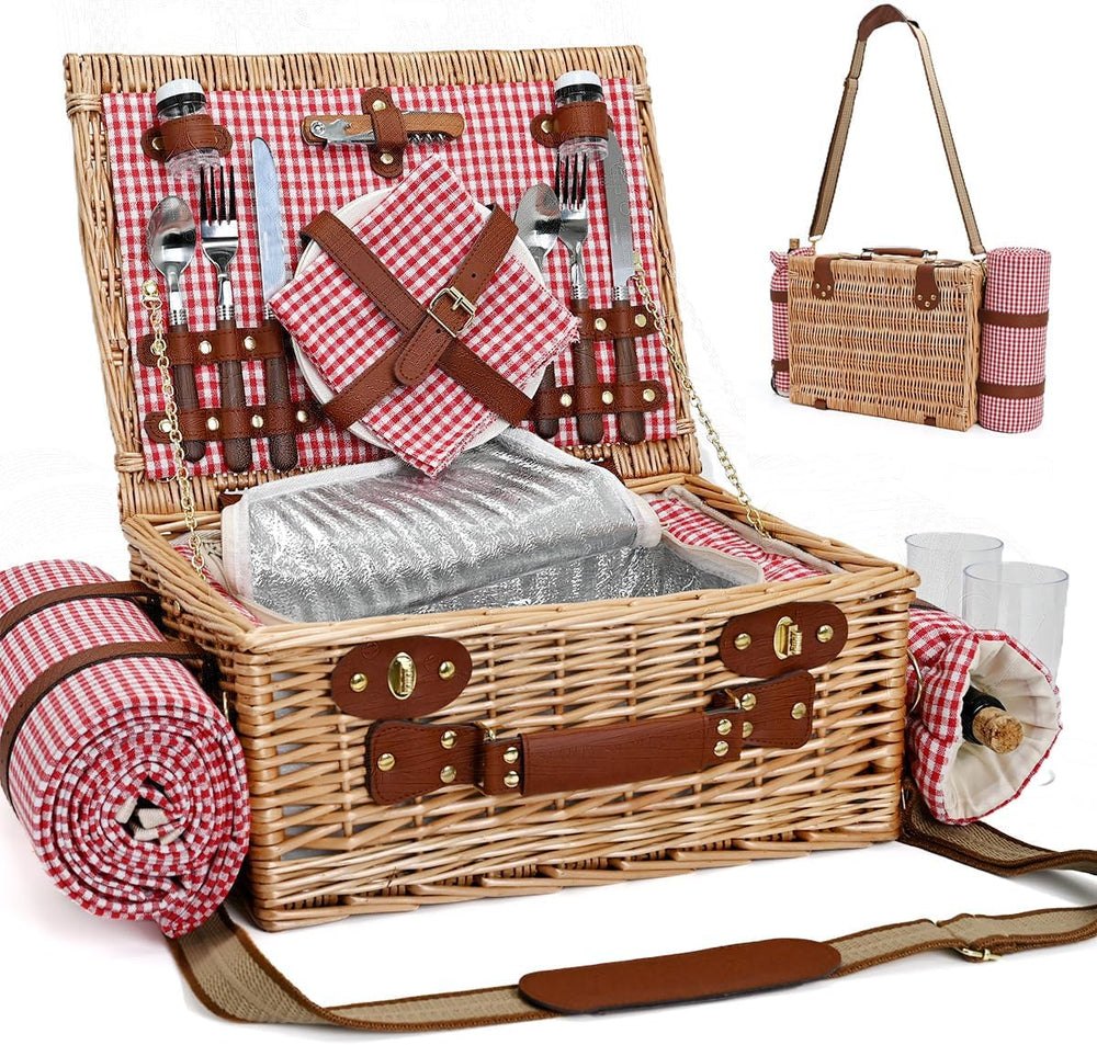 Picnic Basket with Blanket and Wine Pouch for 2, Wicker Picnic Set with Insul...