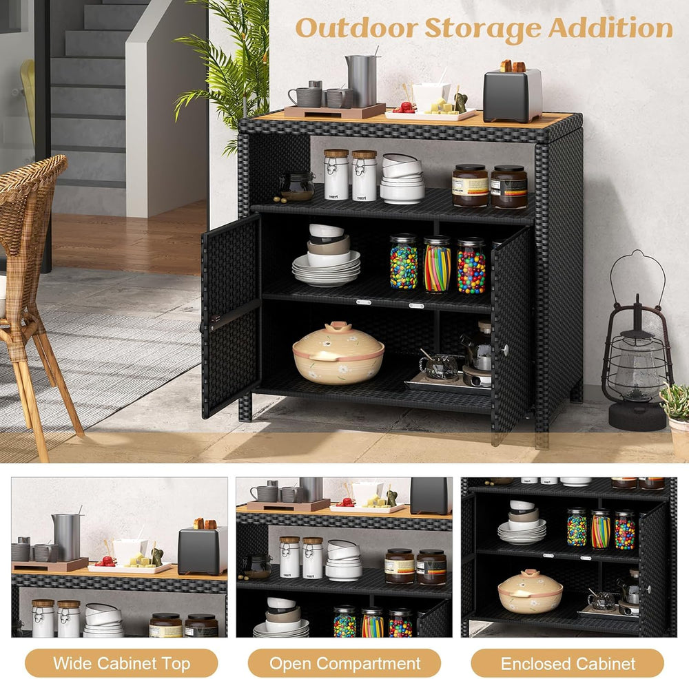 Tangkula Rattan Outdoor Storage Cabinet, Patiojoy Outdoor Cabinet with Acacia...