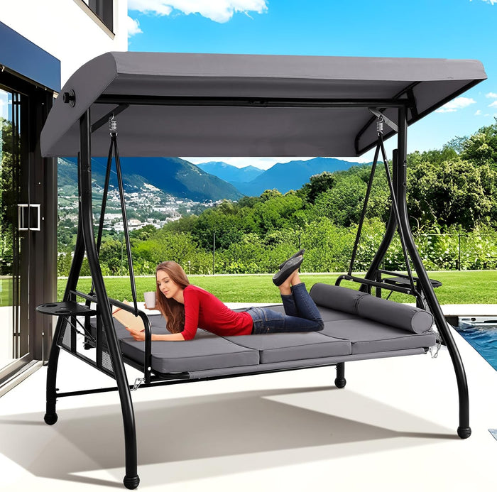 Grepatio 3-Seat Outdoor Porch Swing with Adjustable Canopy, 3 Person Convertible Porch Swing Bed with Stand, Heavy Duty Patio Swing with Cup Holder and Pillows, Cushion for Garden, Poolside (Grey)
