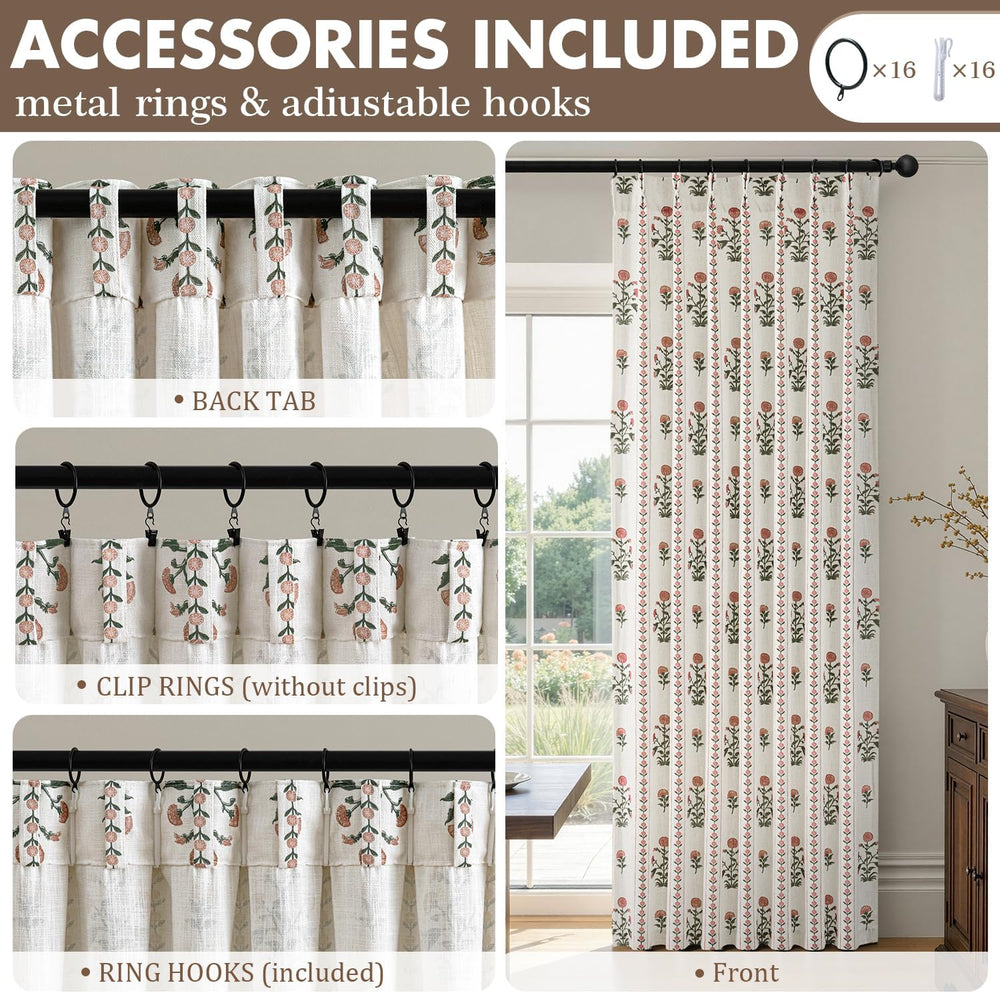 Floral Pinch Pleated Linen Curtains,Pink & White,40" W x 84" L