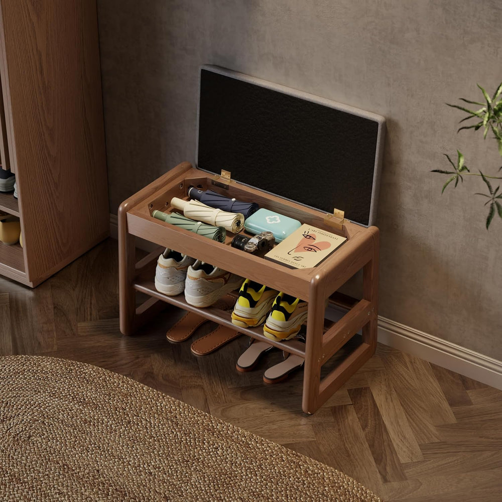 AQIMUELE Shoe Rack Bench, Wooden 2 Tiers with Flip-Top Storage