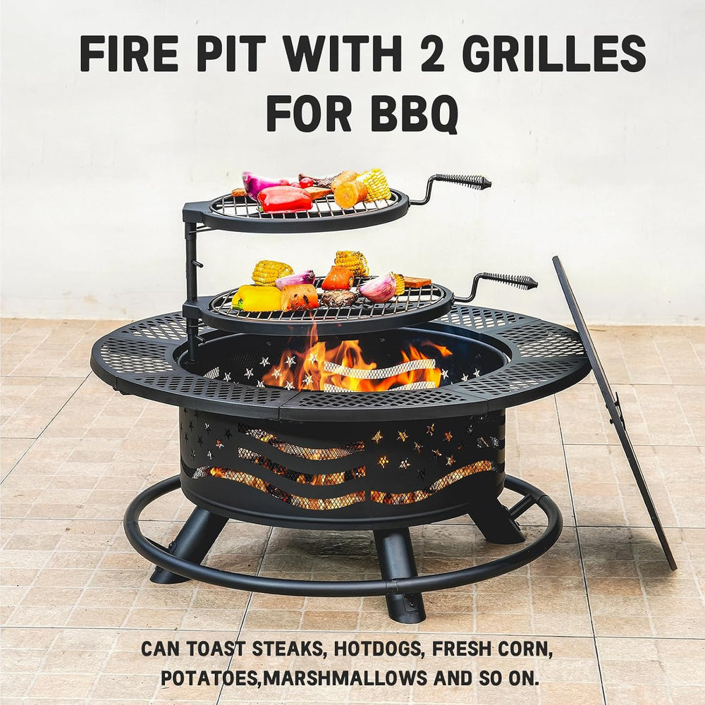 Panovue 36 Inch Fire Pit with 2 Cooking Grates, Grill Fire Pit with Lid