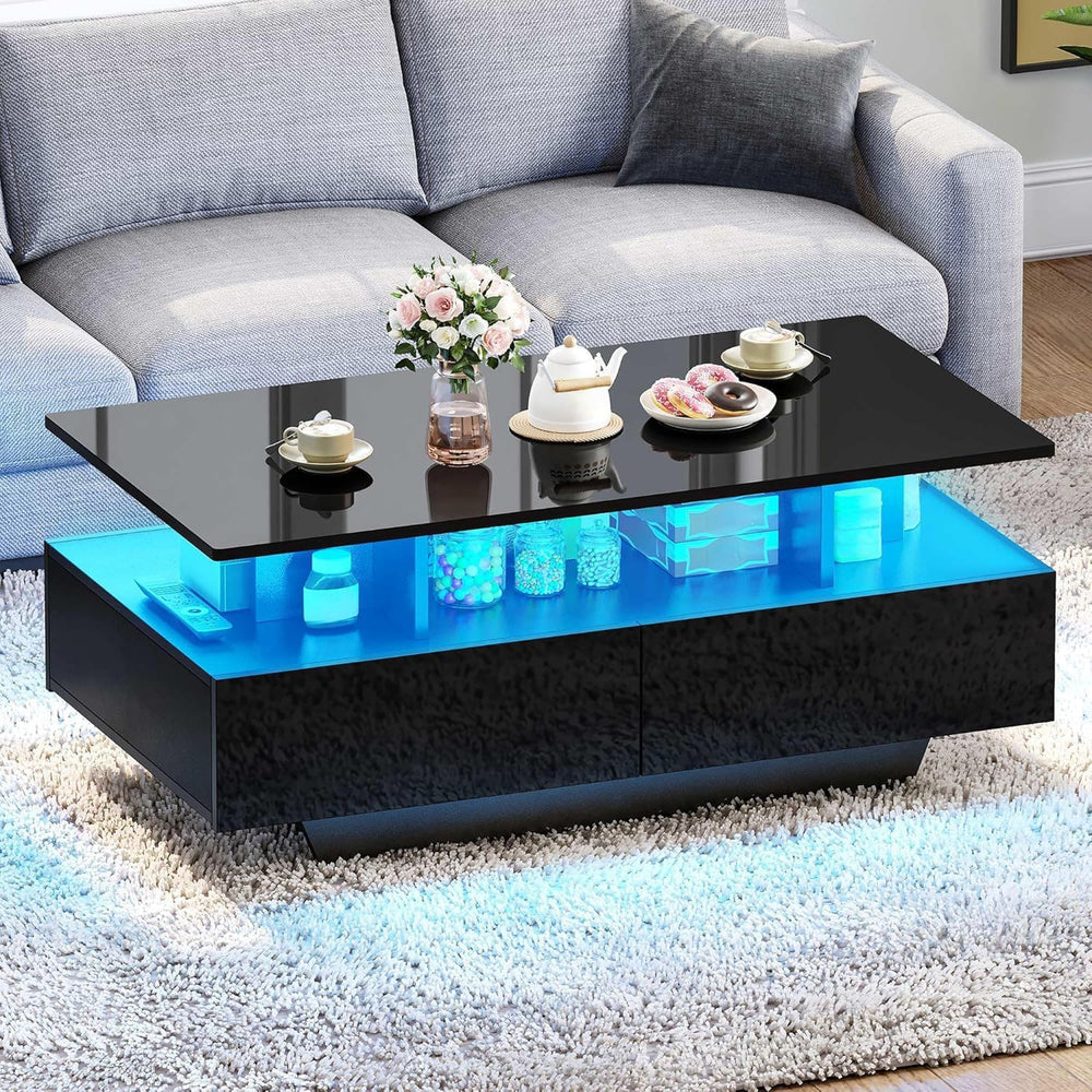 DWVO LED Coffee Table with Storage 4 Drawers, Modern High Glossy Coffee Table...