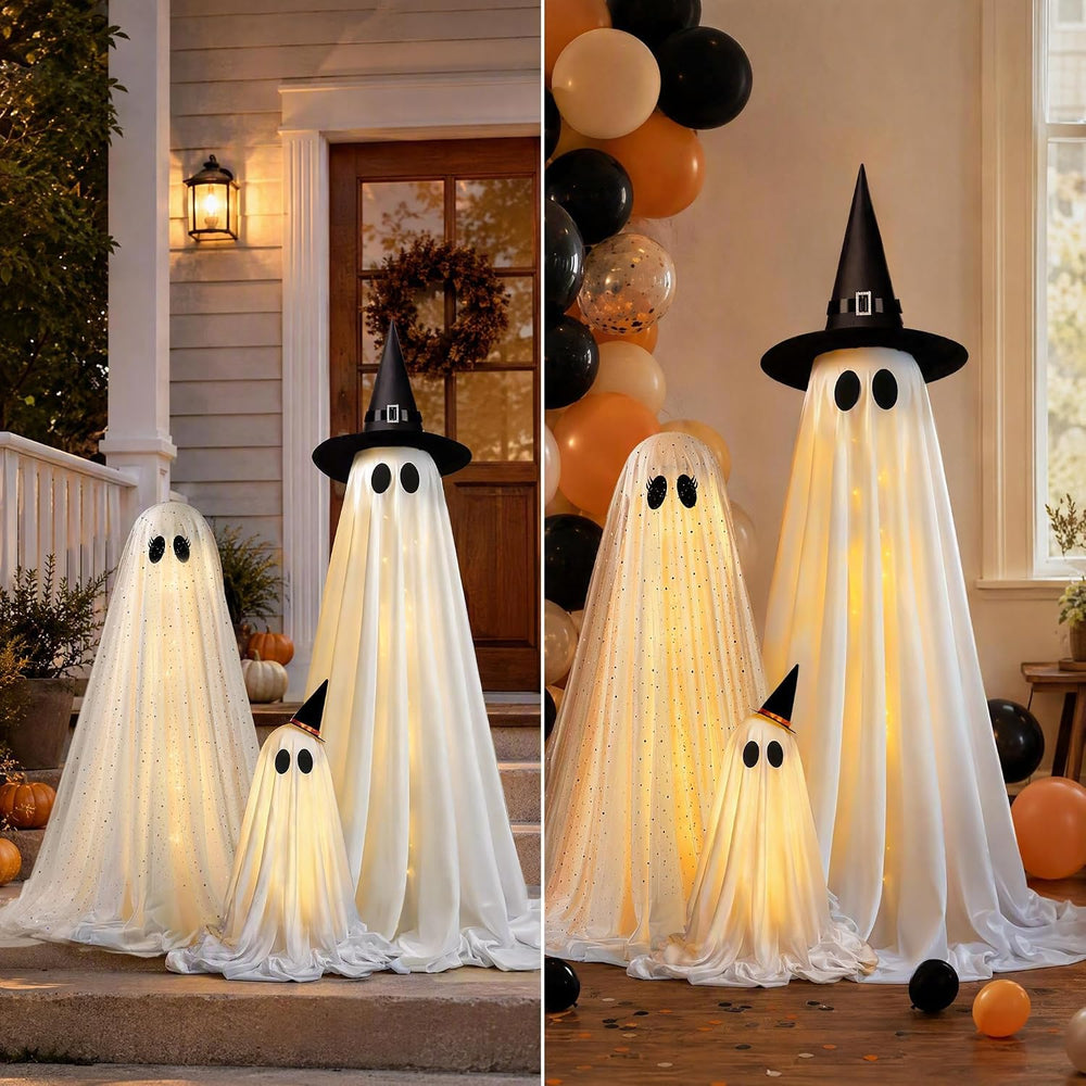 Halloween Decorations Indoor - Set of 3 Light Up Ghosts with Timer Remote