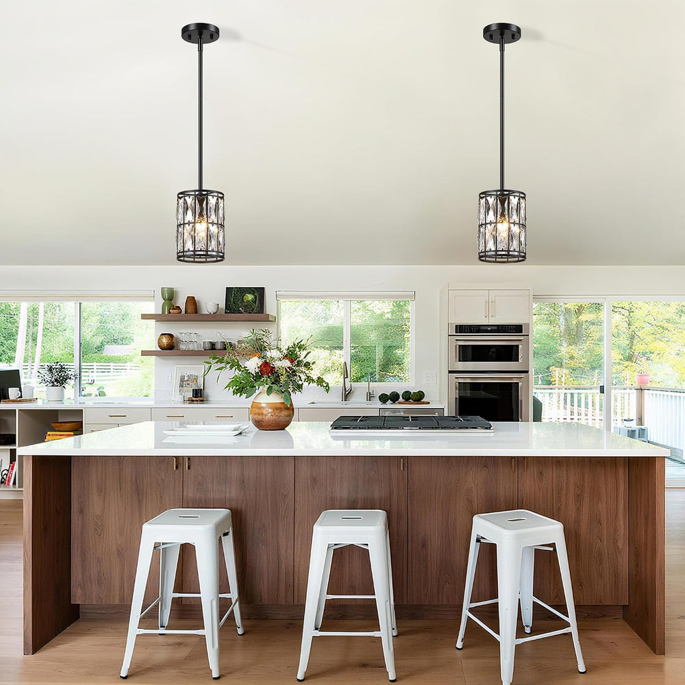 Modern Crystal Pendant Light Fixture 2-Pack Matte Black Finish Hanging Lighti...