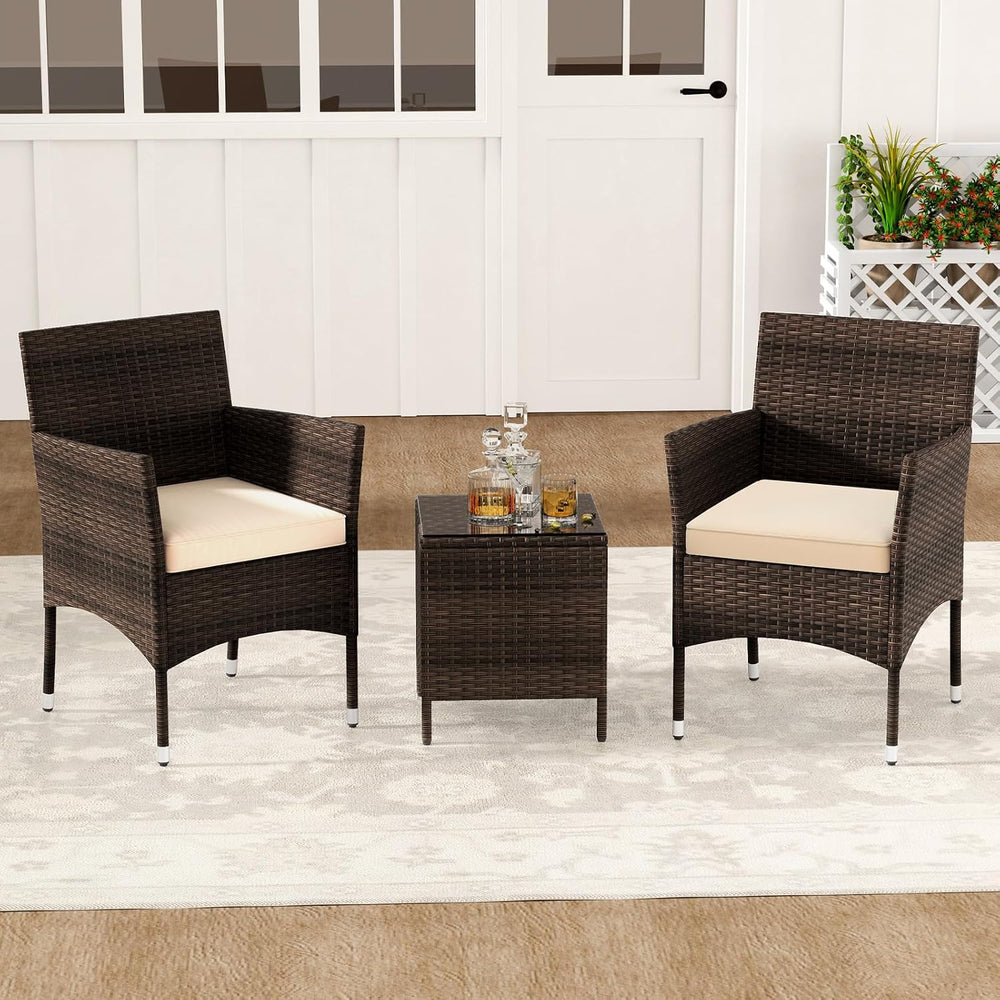 RELAX4LIFE 3-Piece Patio Furniture Set - Rattan Wicker Outdoor Conversation S...