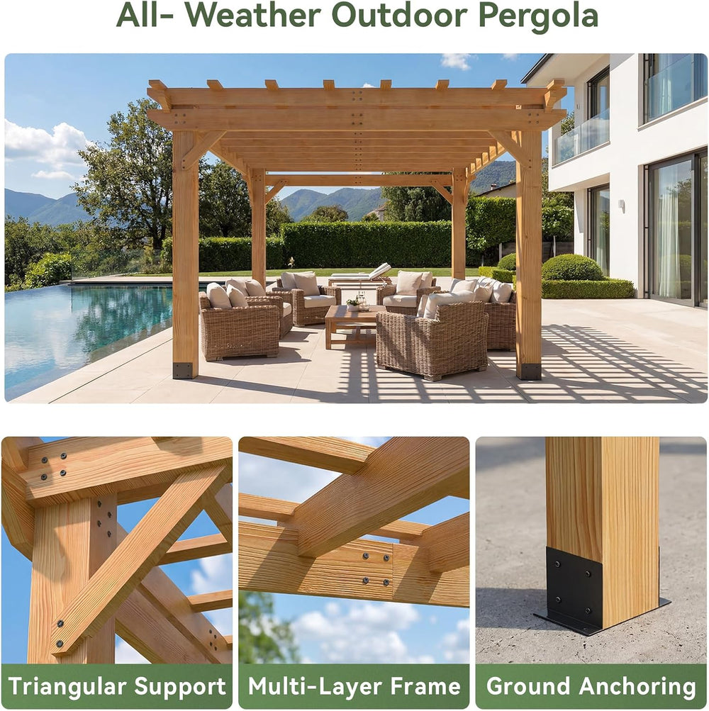 Aoxun Cedar Wood Pergola 10x12, Multi-Level Trellis Roof,100MPH Wind Rating