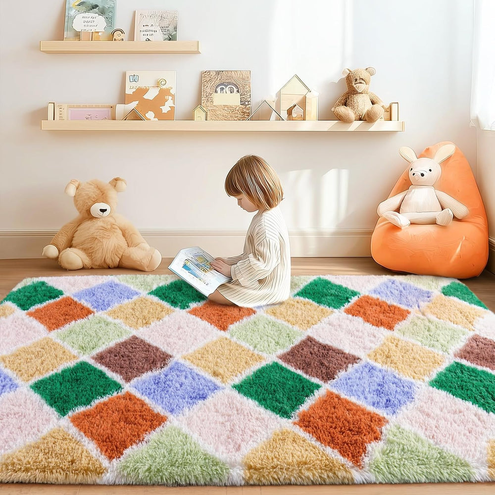 Area Rugs for Living Room Bedroom 8x10, Colorful Fluffy Checkered Rug