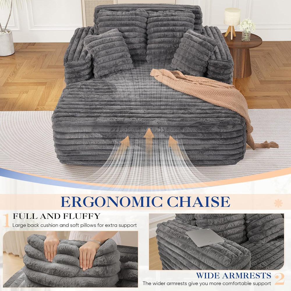 Oversized Chaise Lounge Indoor, Modern Plush Faux Fur Fabric Deep Seat Bonele...