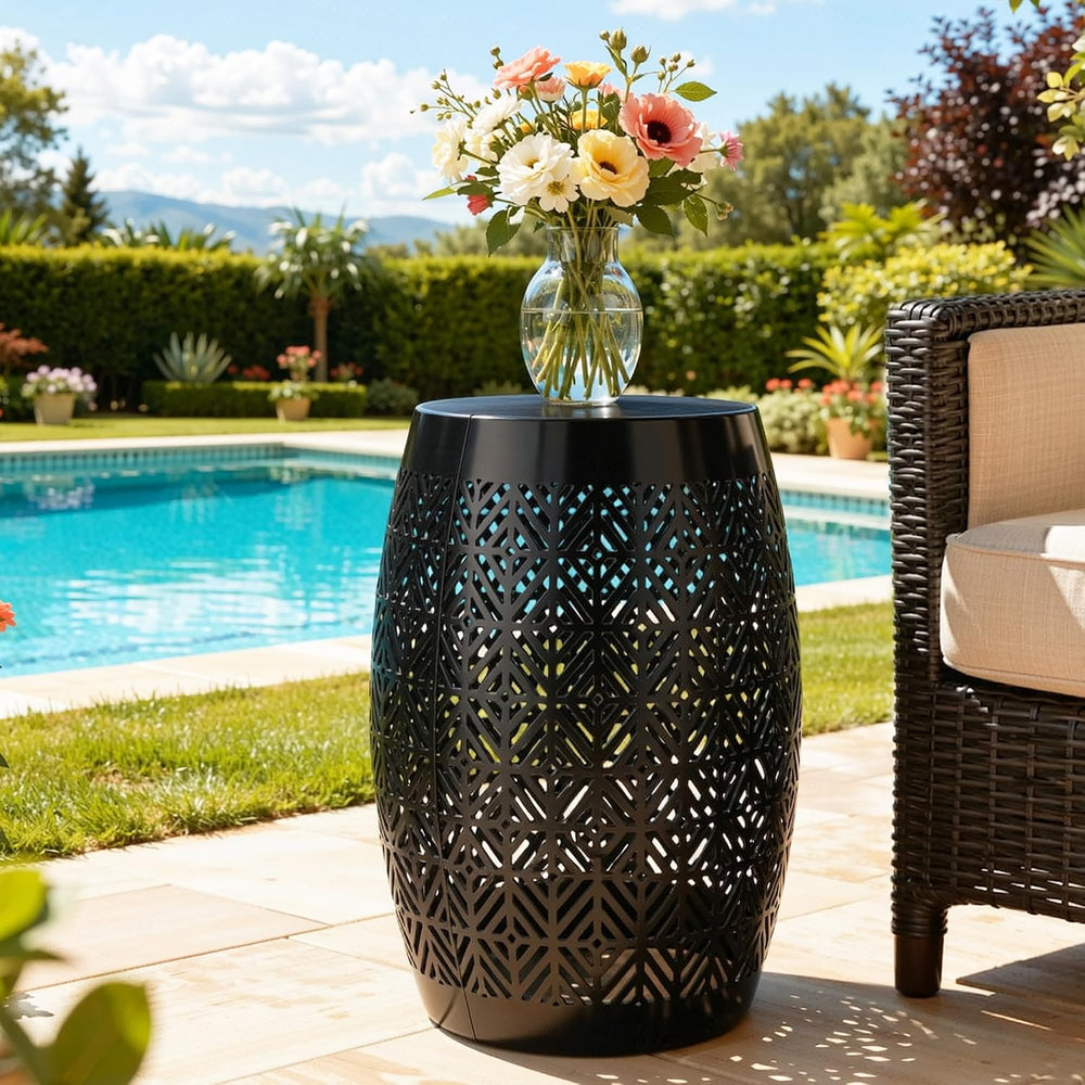 18" Metal LED Outdoor Side Table, 3-Mode Lights, Modern Drum Design