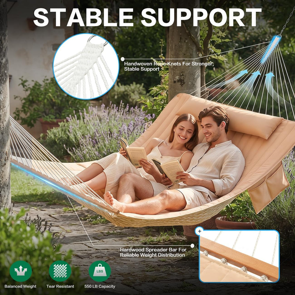 GAFETE 12FT 2 Person Handwoven Rope Hammock for Outside with Removable Pad