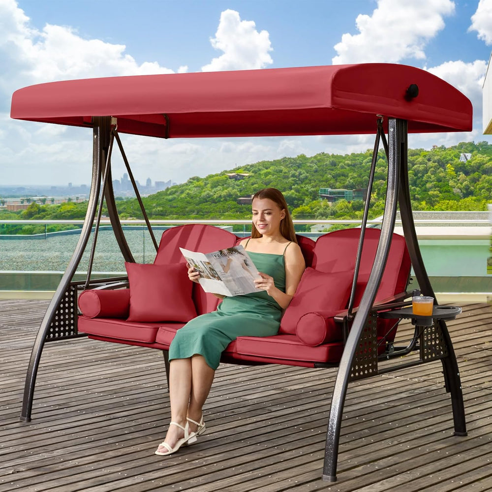 3 in 1 Outdoor Porch Swing with Adjustable Canopy, 3 Seat Outdoor Swing for A...