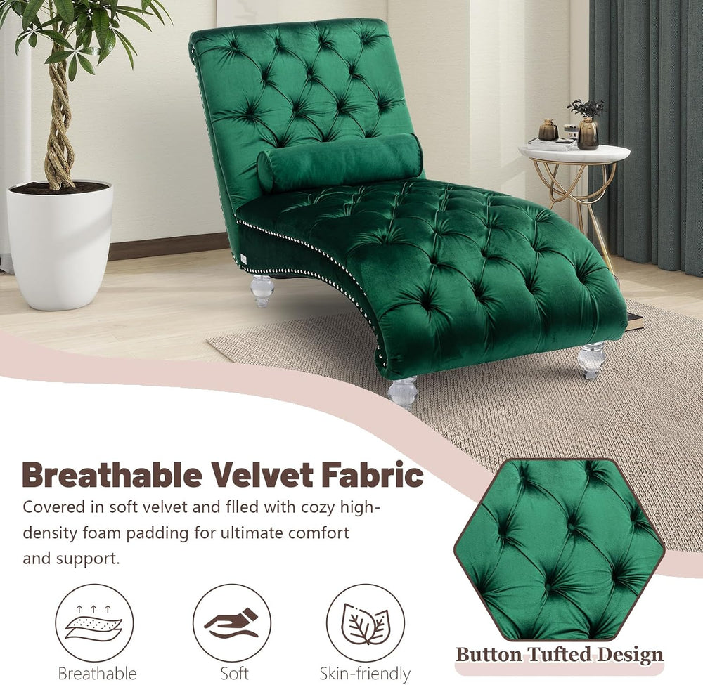Chaise Lounge Chair Indoor Emerald Velvet Upholstered Button Tufted Chaise Lo...