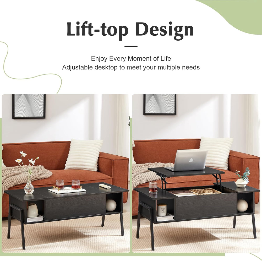 VECELO Wood Lift Top Coffee Table with Hidden Compartment and Storage Shelf f...