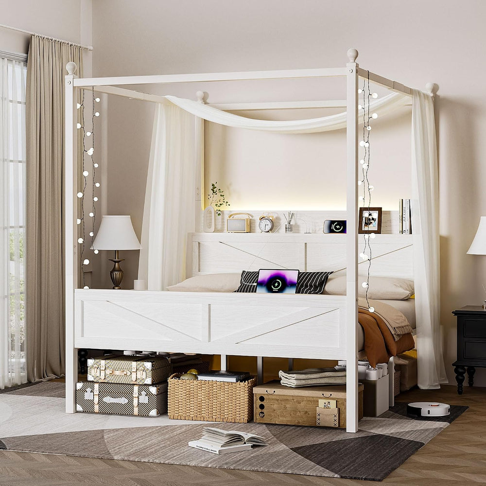 Canopy Bed Frame Full Size with Storage Headboard, Beige