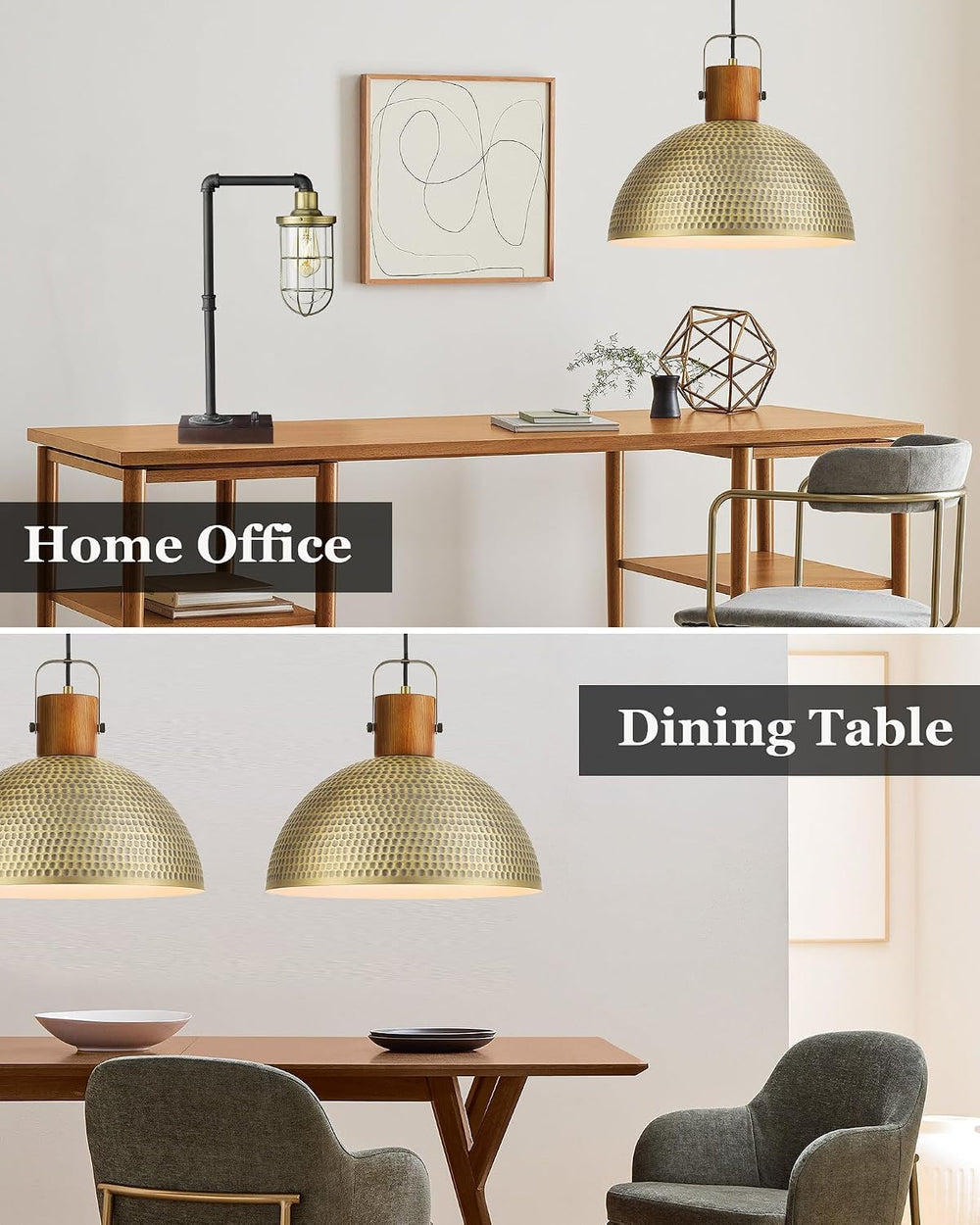 ELYONA 2 Pack Large Hammered Pendant Light Fixtures, 16 Inch Ash Wood Vintage...