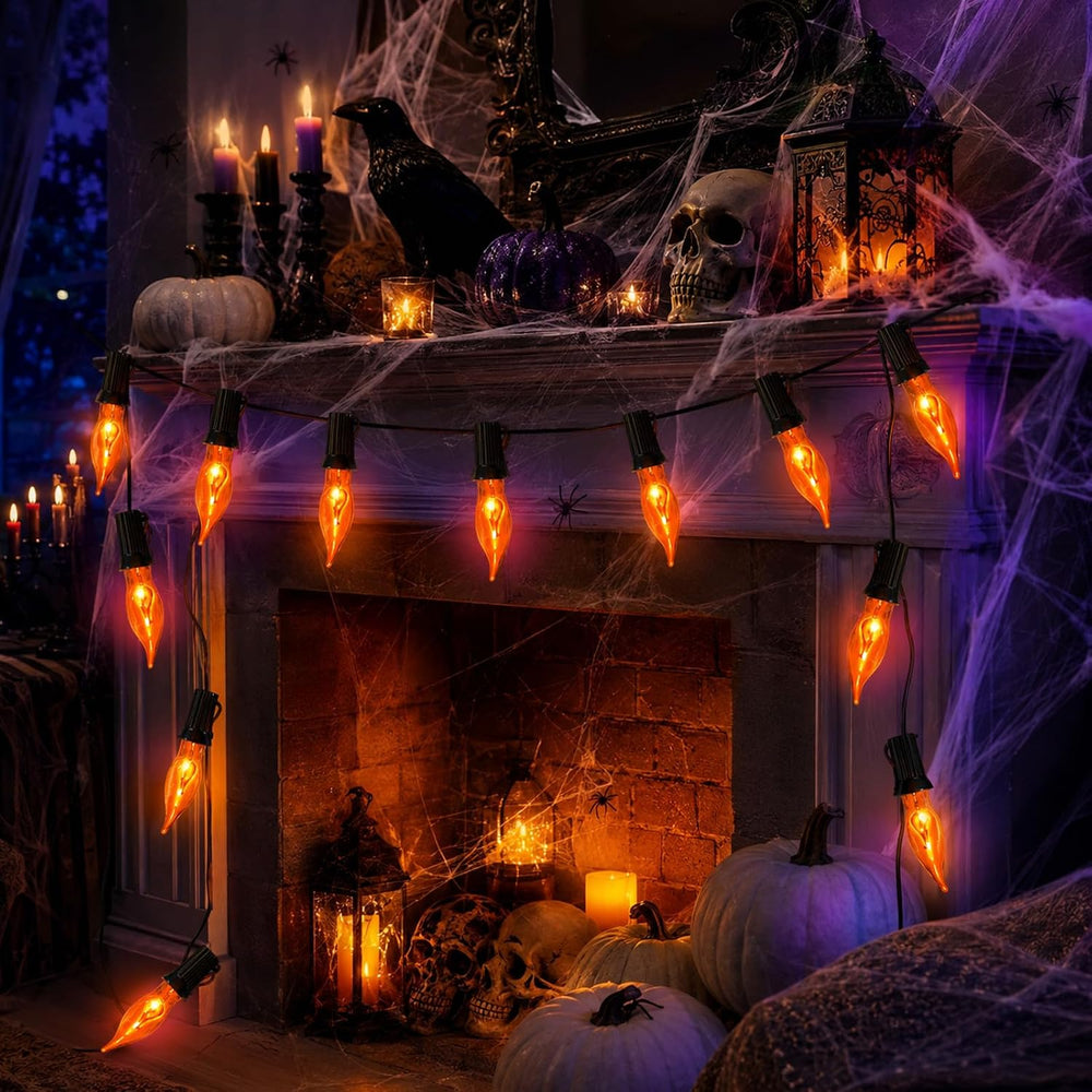 Halloween Lights 27.8 FT Flickering Flame String Lights with 25 Orange C18 Li...