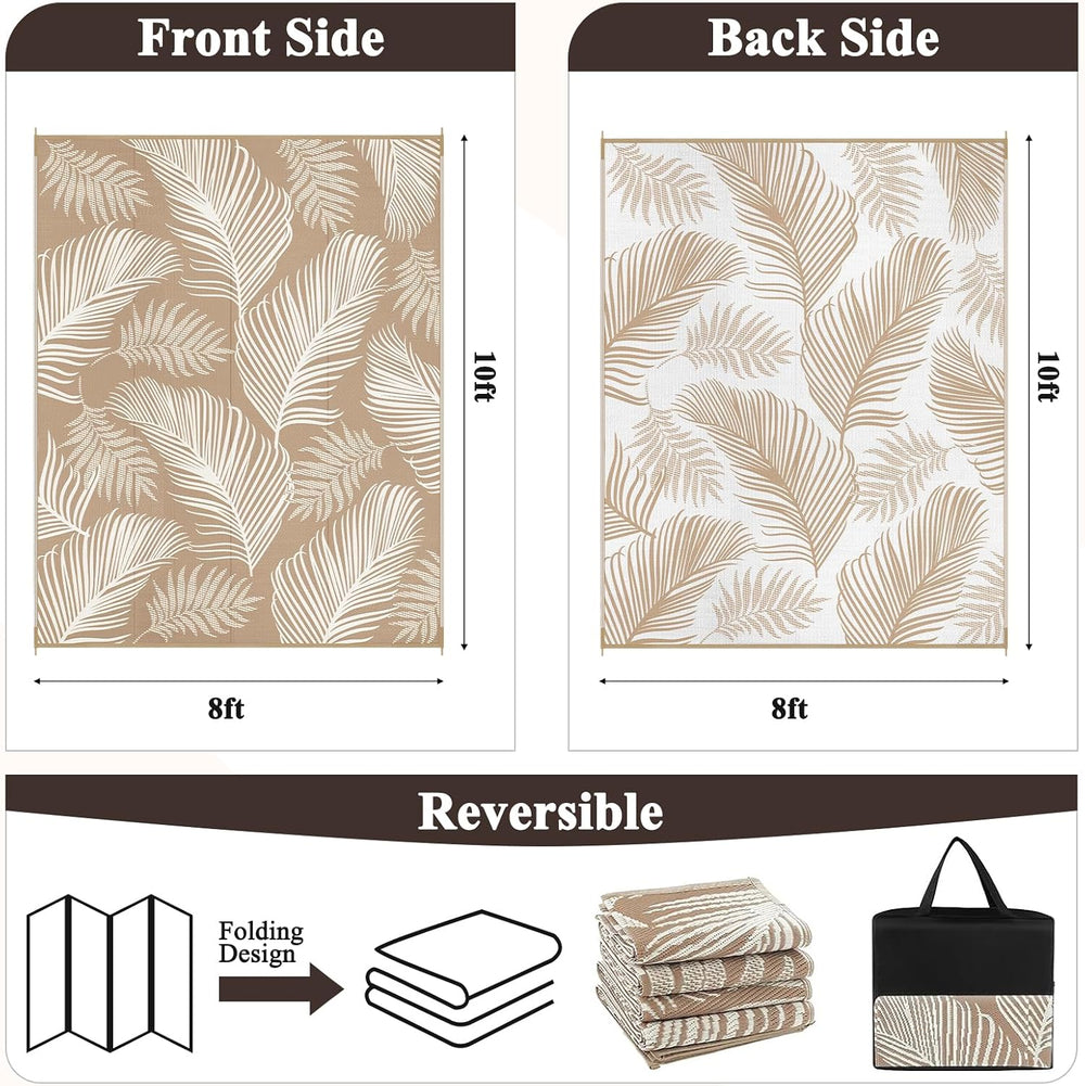 Pauwer Waterproof Outdoor Rug 8x10, Plastic Straw Patio Rug, Leaf Brown