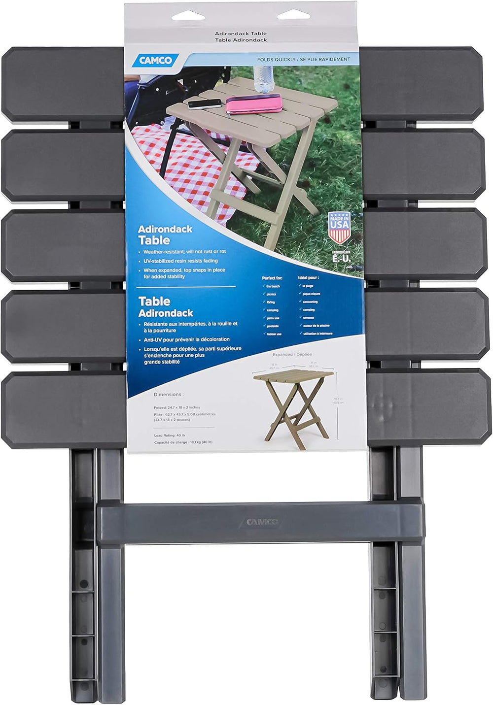 Camco 51885 Large Adirondack Portable Outdoor Furniture Folding Table, Charcoal