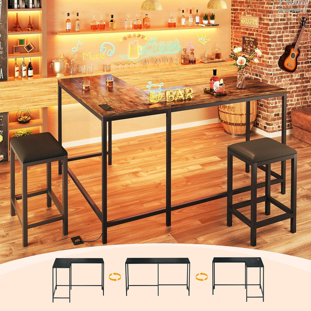 L Shaped Bar Table with Stools, 63‘’ Bar Height Table with Power Outlets, Con...
