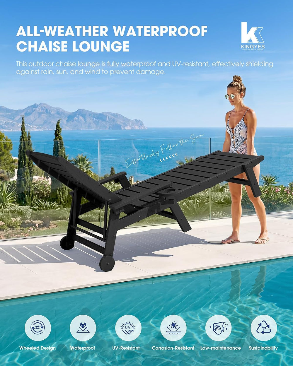KINGYES HDPE Lounge Chair Outdoor Set of 2, All Weather Pool Lounger