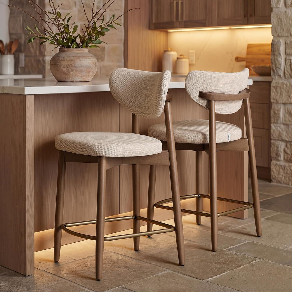 VASAGLE Wooden Bar Stools Set of 2, Linen-Look Fabric, Cappuccino Beige