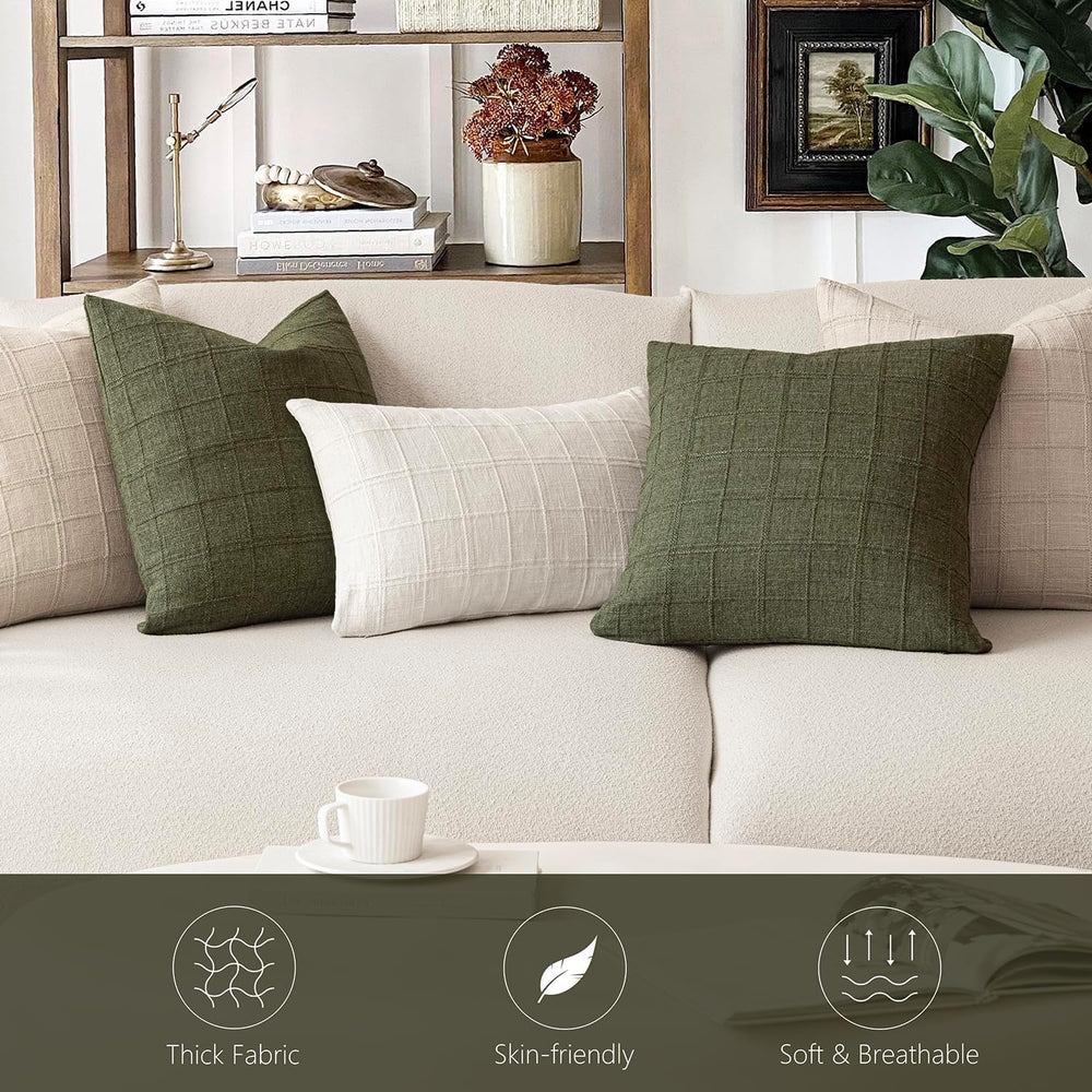 Foindtower Boho Linen Check Decorative Throw Pillow Cover 26×26 Olive Green