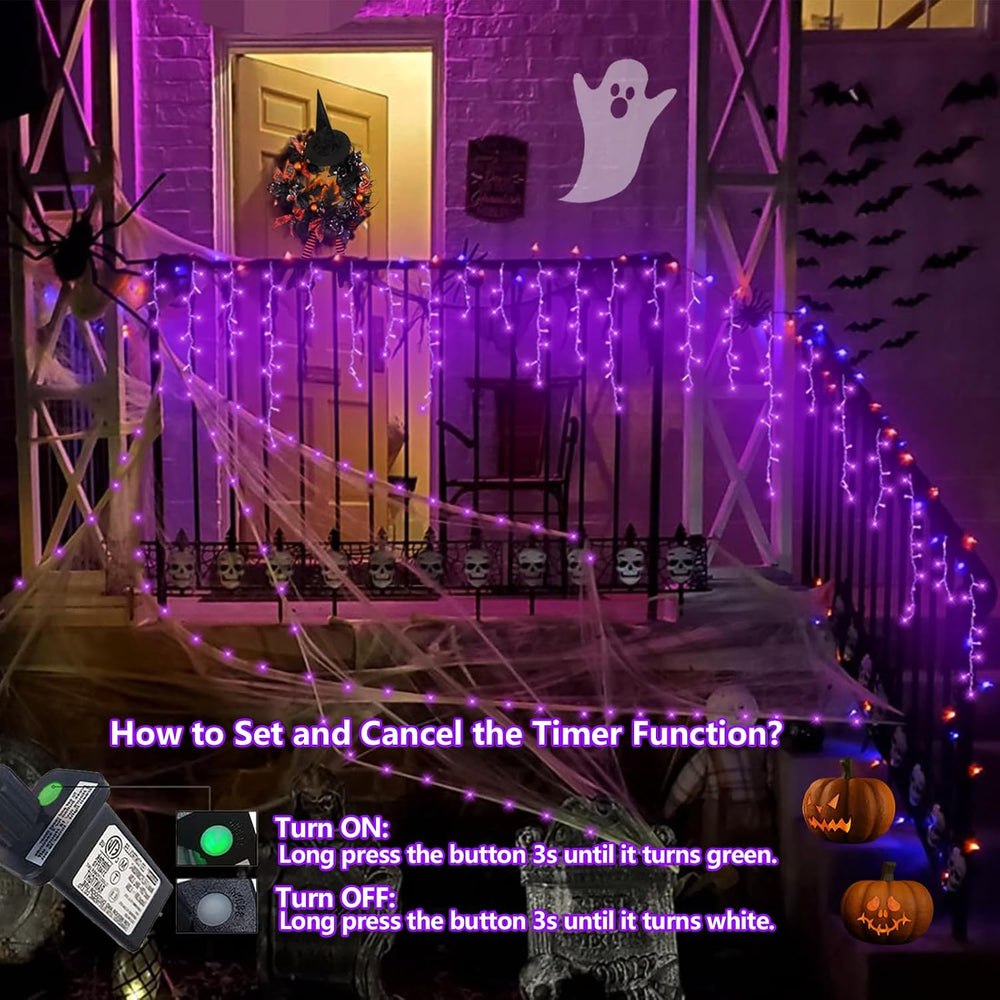 QITONG Purple Halloween Lights, 33ft 400 LED Icicle Lights for Outside Plug i...