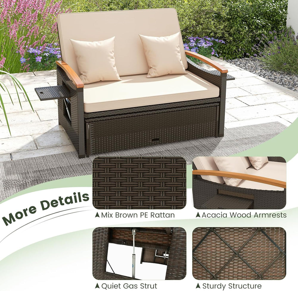 Tangkula Patio Rattan Daybed, Outdoor Wicker Loveseat, Mix Brown & Beige