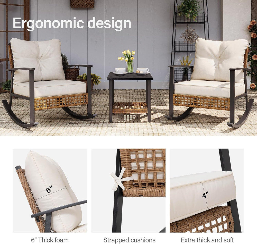 LAUSAINT HOME 3-Piece Rocking Bistro Set, Outdoor Patio Furniture with Thick ...