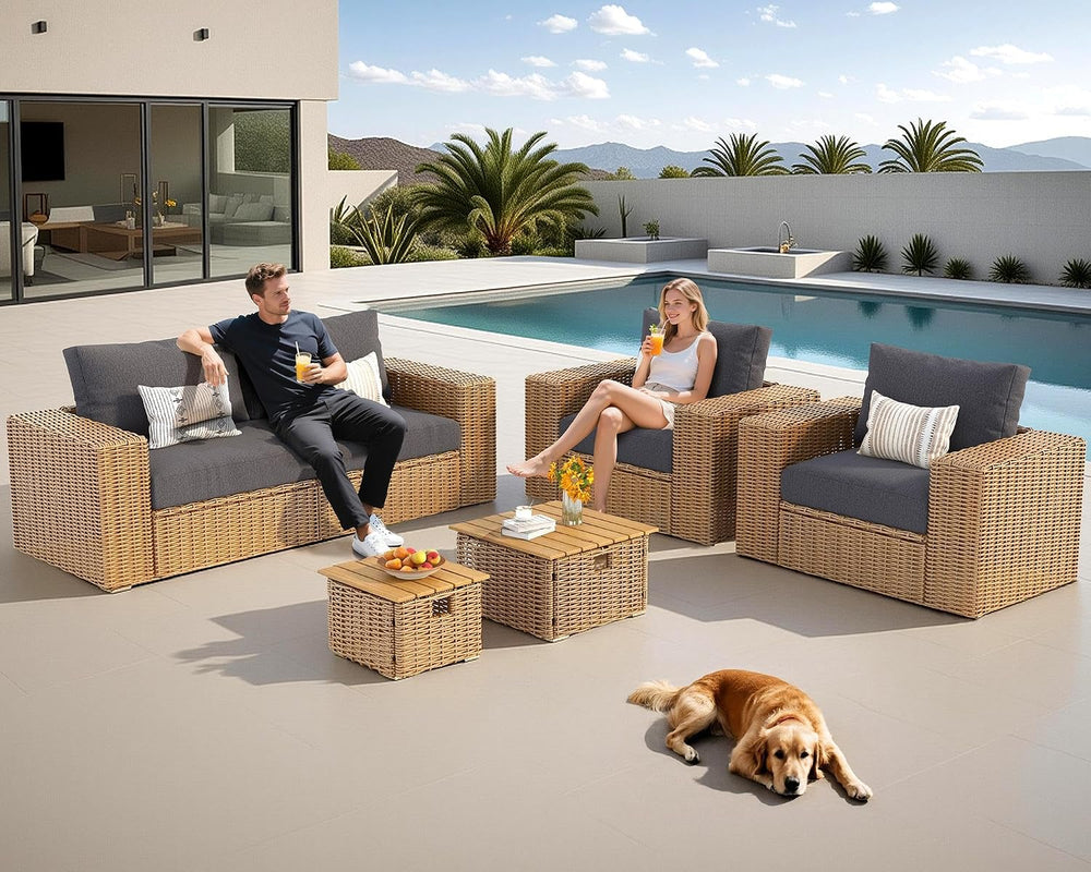 AMERLIFE 6-Piece Patio Sofa Set with Convertible Coffee Table - 8.3" Wid...