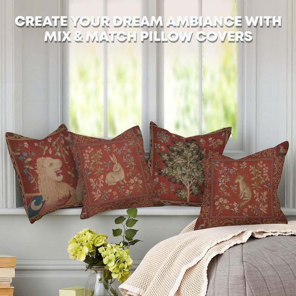 Medieval Oak Tapestry Throw Pillow Cover 14 X 14 in, Floral Cushion Cover