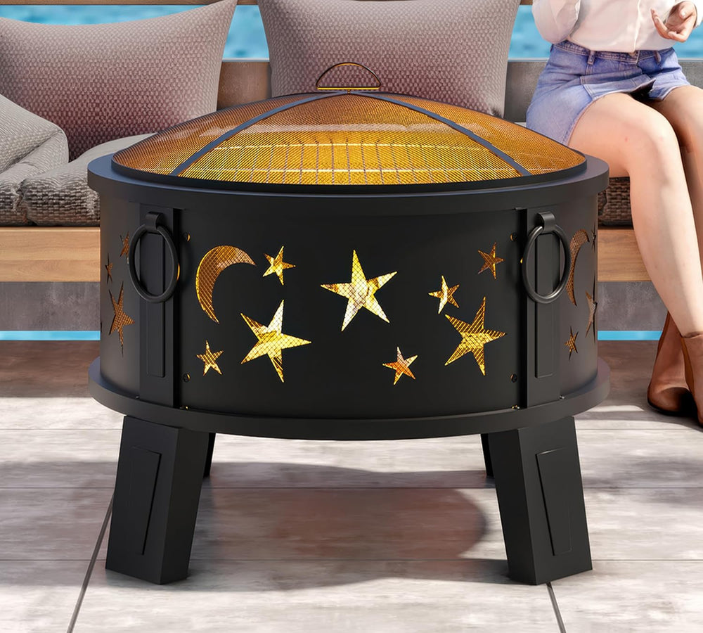 Kingson 26" Outdoor Fire Pit with Grill & Mesh Cover, Wood Burning S...