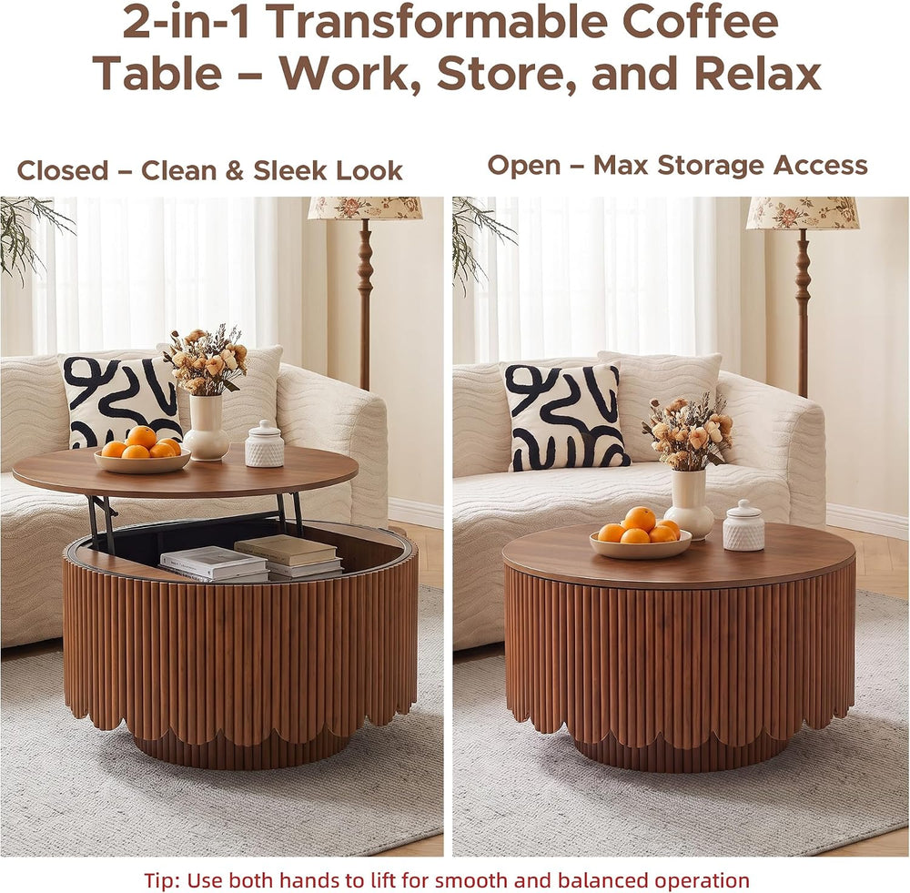 Round Lift Top Coffee Table with Storage, Fluted Circle Coffee Table,Walnut