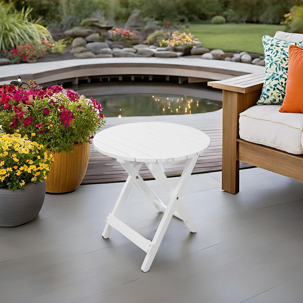 Outdoor Wooden Side Table, Folding Patio End Table, Small Round Furniture Tab...
