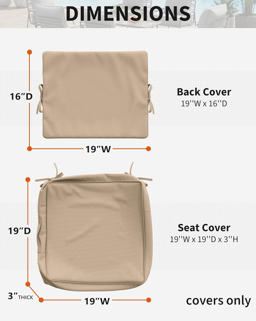 Thick Outdoor Back&Seat Cushion Covers 19×19×3in 12Pcs for Patio Furnitur...