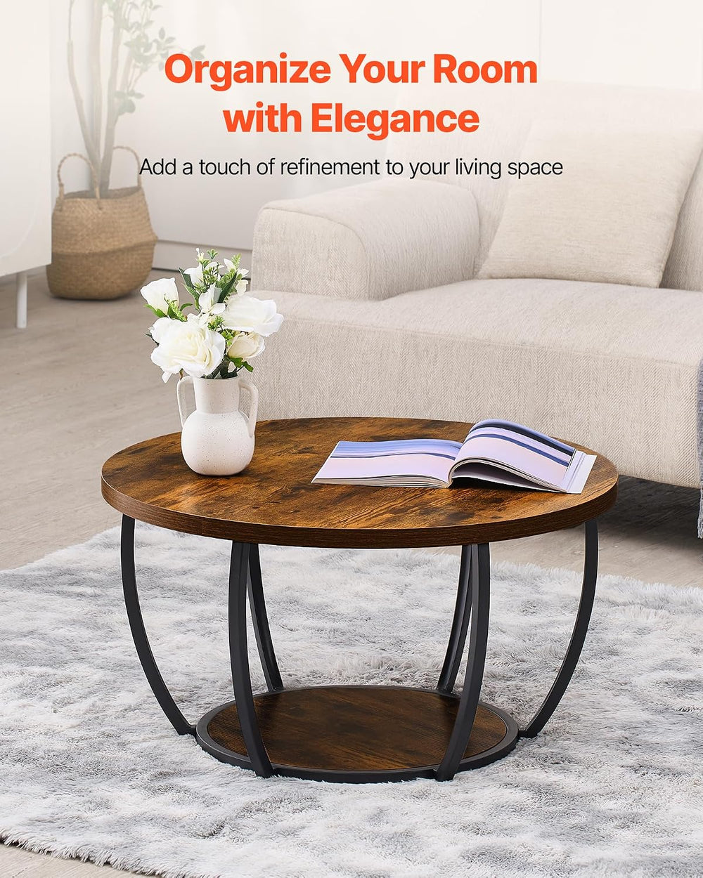 VEVOR Round Coffee Table, 31.5" Modern Coffee Table, 2 Tiers Wooden Circ...