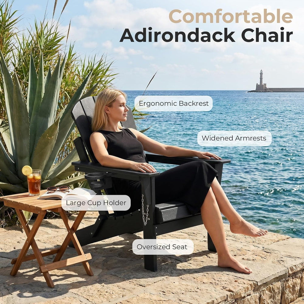 HDPE Folding Adirondack Chair, Outdoor Patio Chair with Cup Holder, Weather R...