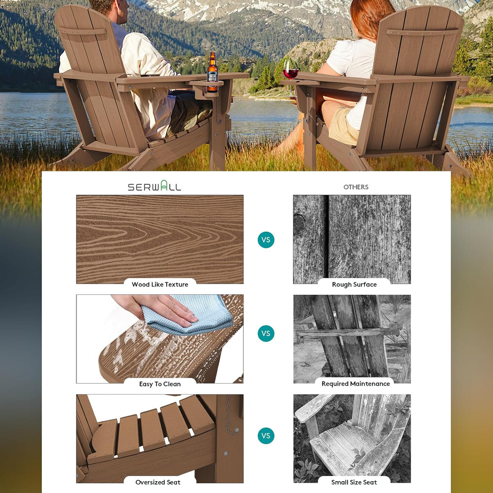 SERWALL Outdoor Adirondack Chairs with 2 Cup Holders,Foldable,Brown