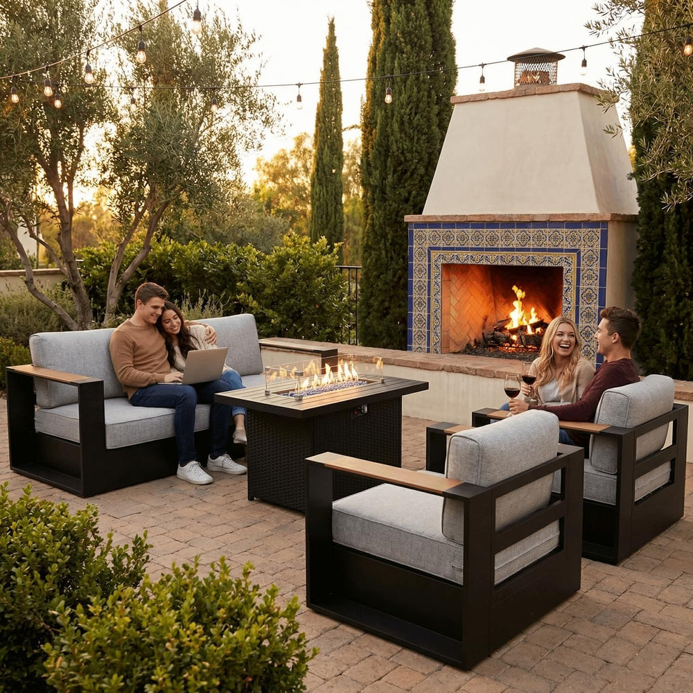 LayinSun 4 Pieces Aluminum Patio Furniture Set with Fire Pit Table