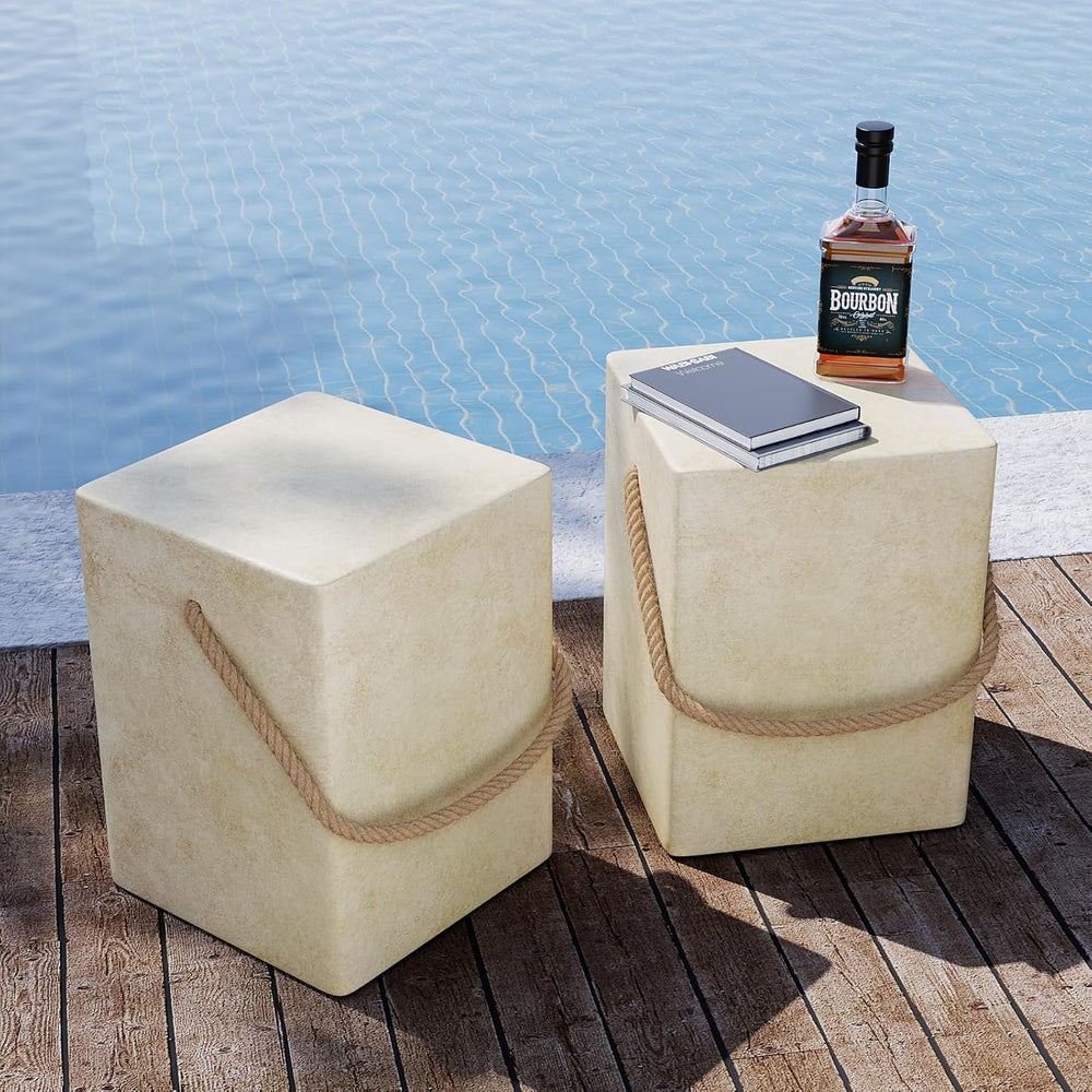 SUNBURY Outdoor Side Table, 18" H Concrete End Table for Patio w Hemp Rope