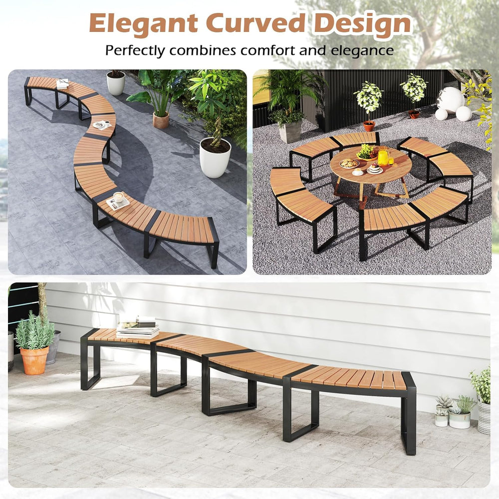 Tangkula Patio Curved Bench, Acacia Wood Fire Pit Bench w/Slatted Seat & ...