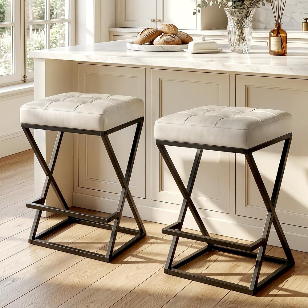 Bar Stools Set of 2, 26 Inch Counter Height Faux Leather Cream White