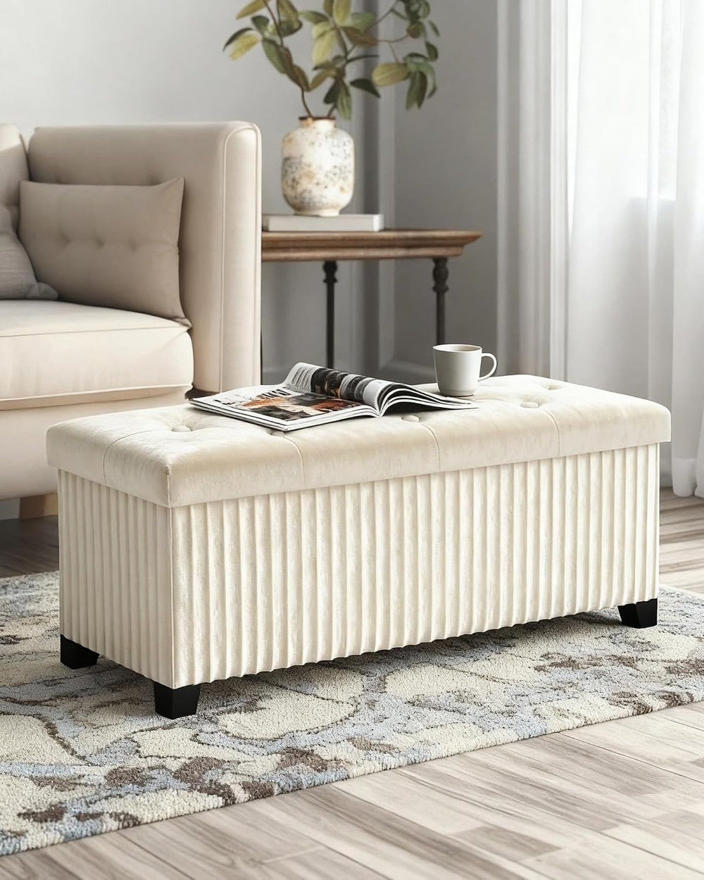 LITZFUR 43 Inches Storage Ottoman Bench, Velvet Foot Rest Stool, Beige