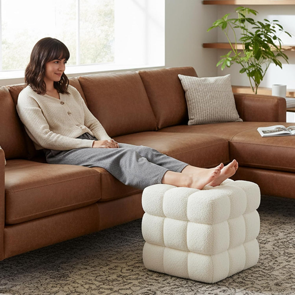White Sherpa Square Ottoman - 17.3" Large Boucle Cube Pouf with Sturdy W...