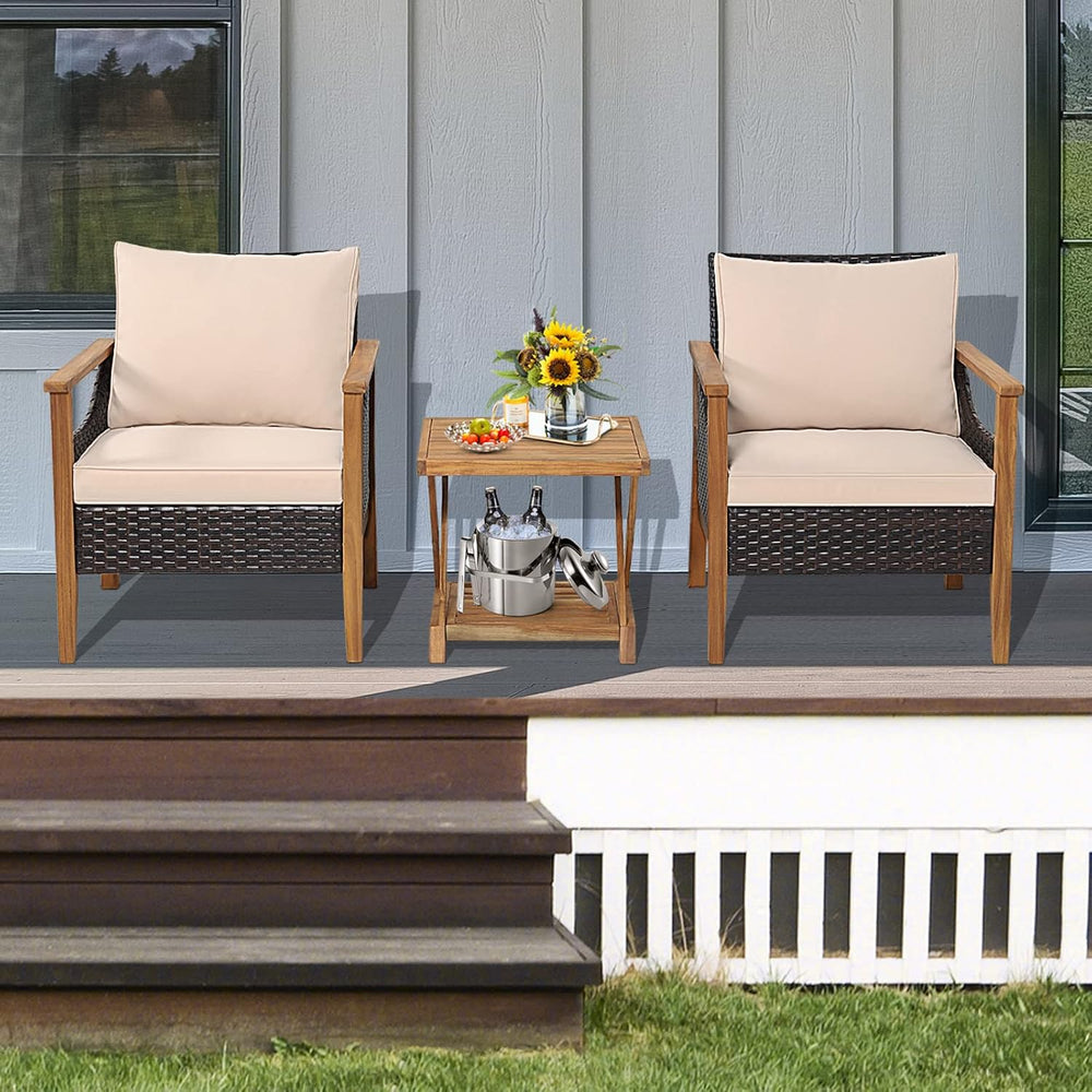 Tangkula 3 Pieces PE Wicker Patio Bistro Set, Outdoor Acacia Wood Conversatio...