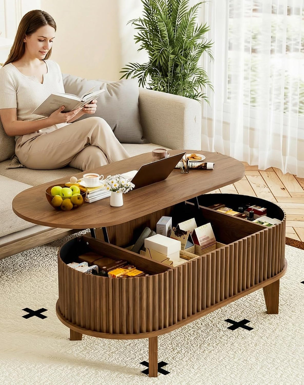Oval Lift Top Coffee Table with Storage, 41" Wood Fluted Modern Living R...