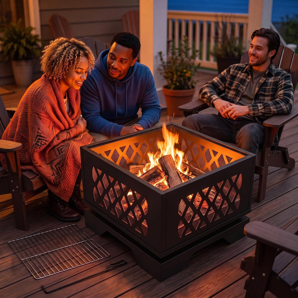 Kingson 20" Square Outdoor Fire Pit, 2-in-1 BBQ Grill, Heavy-Duty Steel