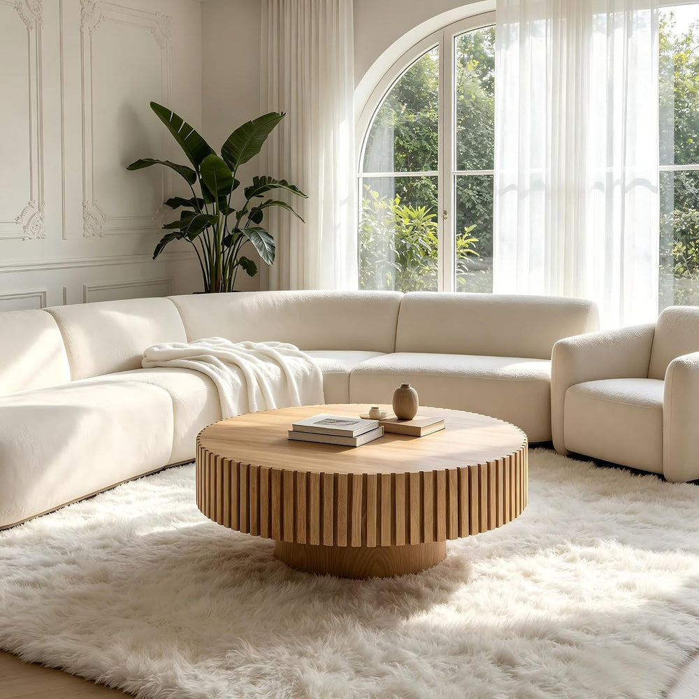 KEVINSPACE Round Coffee Table, 39" Big Wooden Fluted Coffee Table with F...