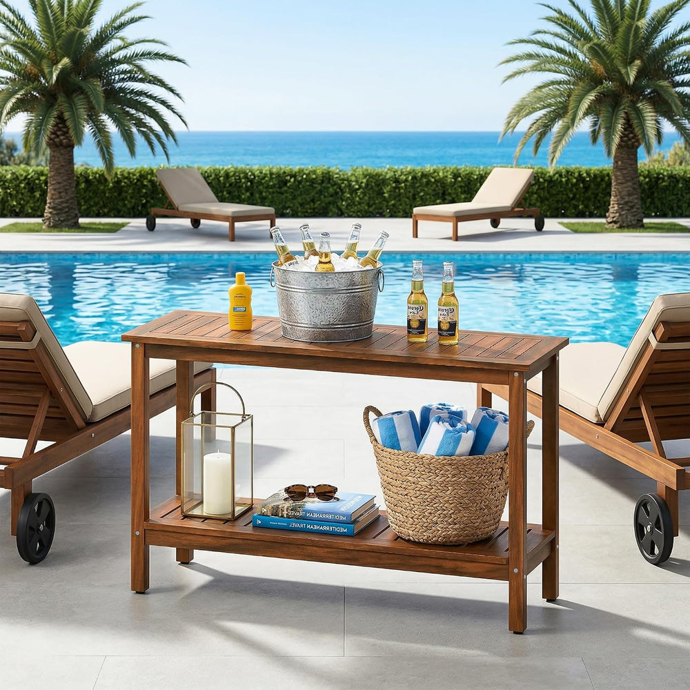 SUPER DEAL 2-Tier Solid Wood Side Table, Outdoor Console Table with Storage S...